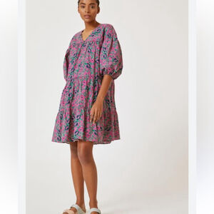 Anthropologie Sundry Floral Puff Sleeve Tiered Poplin Mini Dress Purple new